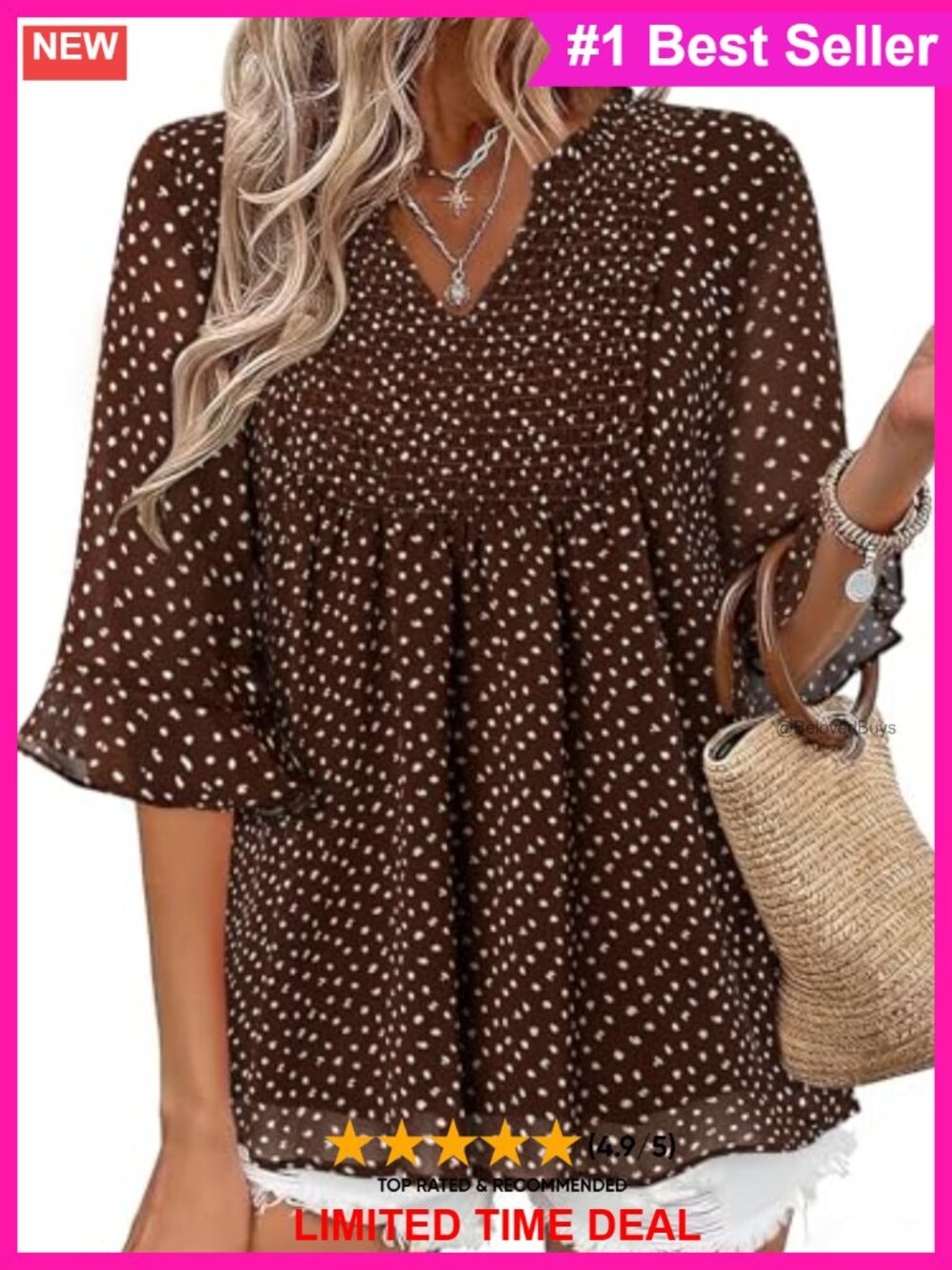 Women 3/4 Sleeve Chiffon V Neck Floral Ruffle Blouse Tunic